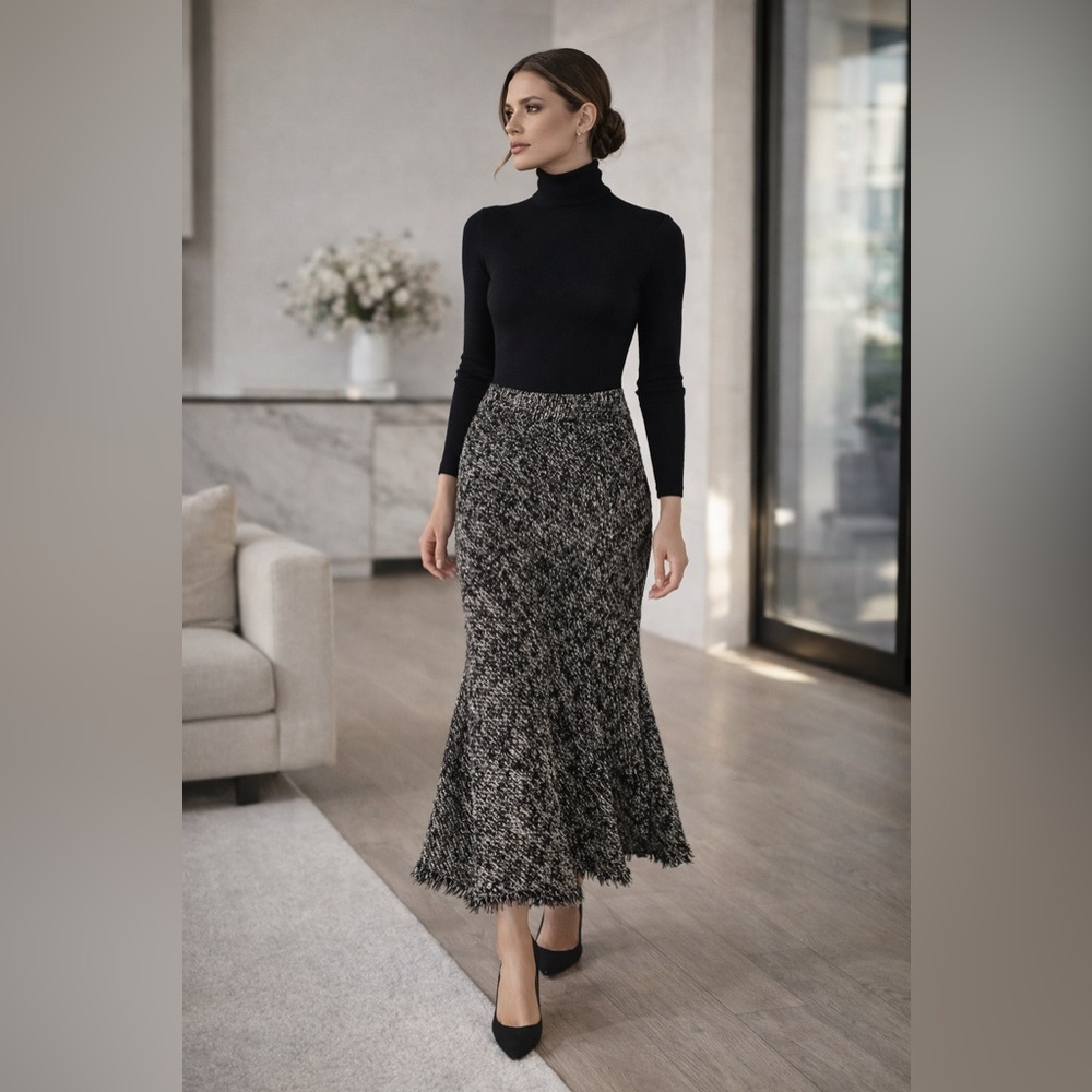 Jason Wu Tweed Mermaid Skirt Black White Fringe Hem Size 10